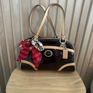 Coach Black and Tan Shoulder Bag with Red Accent